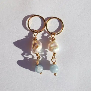 Aquamarine & Pearl Drop Hoops