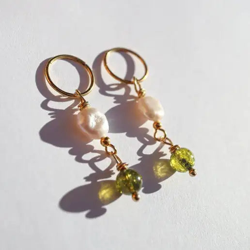 Peridot & Pearl Drop Sleeper Hoops